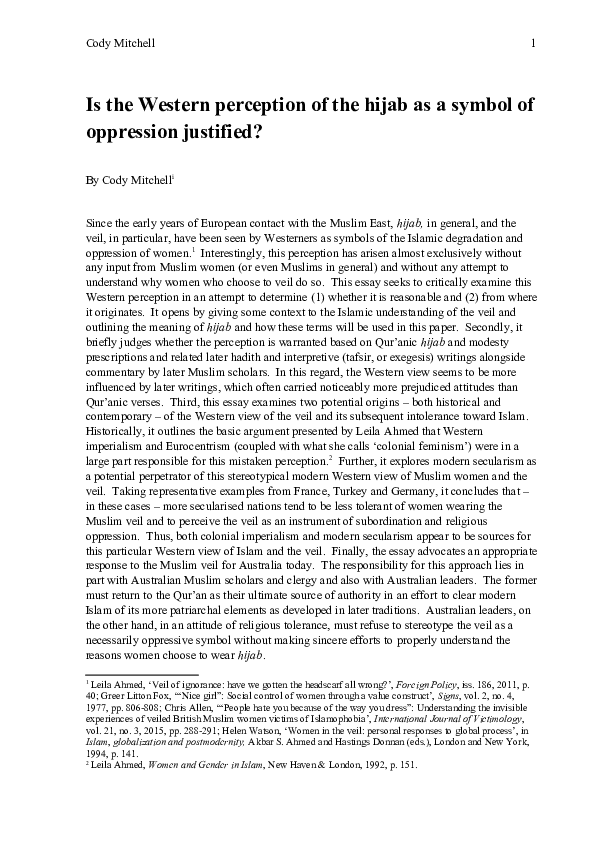 First page of “Is the Western perception of the hijab as a symbol of oppression justified?”