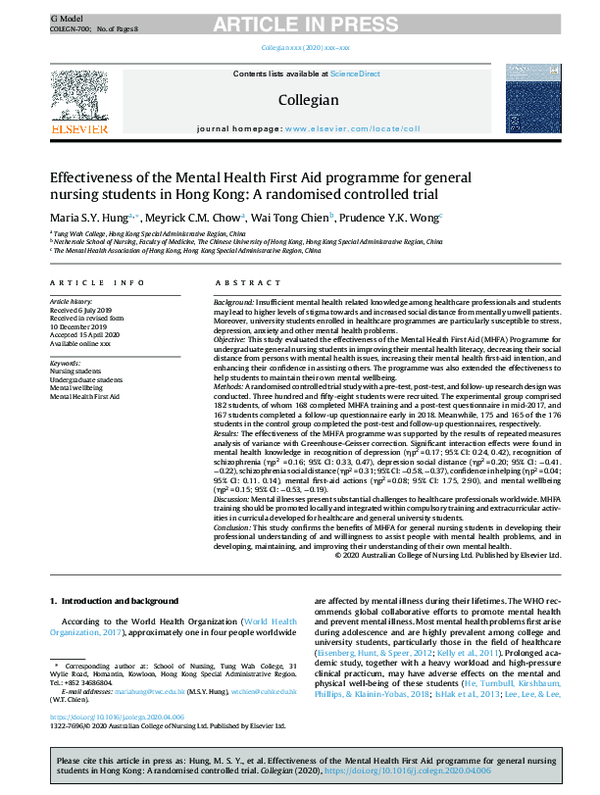 First page of “Effectiveness of the Mental Health First Aid programme for general nursing students in Hong Kong: A randomised controlled trial”