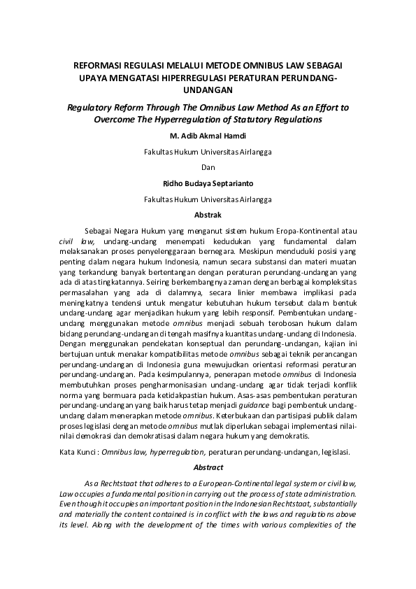 First page of “REFORMASI REGULASI MELALUI METODE OMNIBUS LAW SEBAGAI UPAYA MENGATASI HIPERREGULASI PERATURAN PERUNDANG-UNDANGAN”