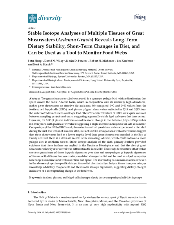 First page of “Stable Isotope Analyses of Multiple Tissues of Great Shearwaters (Ardenna Gravis) Reveals Long-Term Dietary Stability, Short-Term Changes in Diet, and Can be Used as a Tool to Monitor Food Webs”