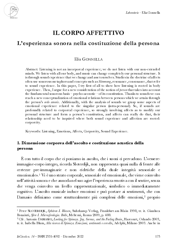 First page of “Il corpo affettivo. L'esperienza sonora nella costituzione della persona”