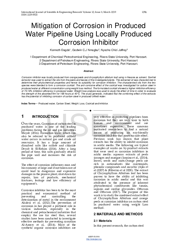 First page of “Mitigation of Corrosion in Produced Water Pipeline Using Locally Produced Corrosion Inhibitor”