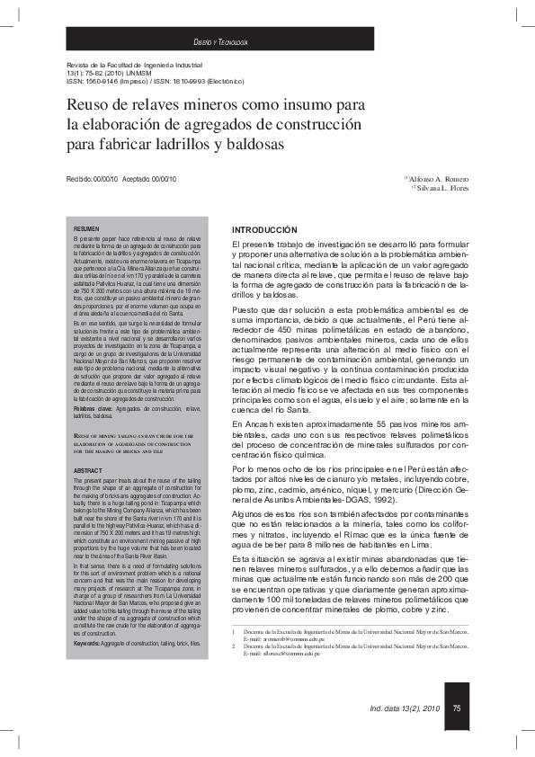 First page of “Reuso de relaves mineros como insumo para la elaboración de agregados de construcción para fabricar ladrillos y baldosas”