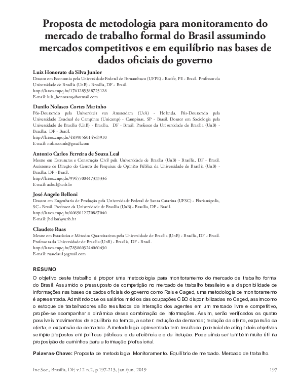 First page of “Proposta de metodologia para monitoramento do mercado de trabalho formal do Brasil assumindo mercados competitivos e em equilíbrio nas bases de dados oficiais do governo”