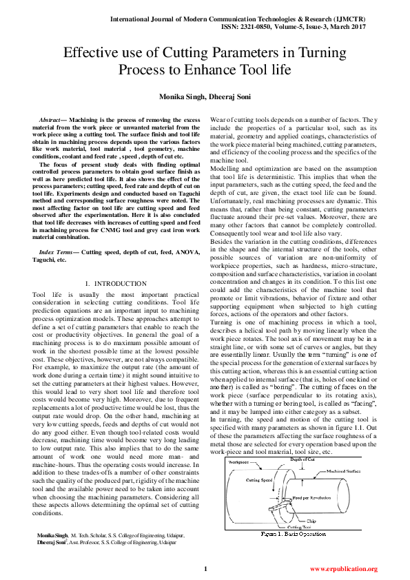 First page of “Effective use of Cutting Parameters in Turning Process to Enhance Tool life”