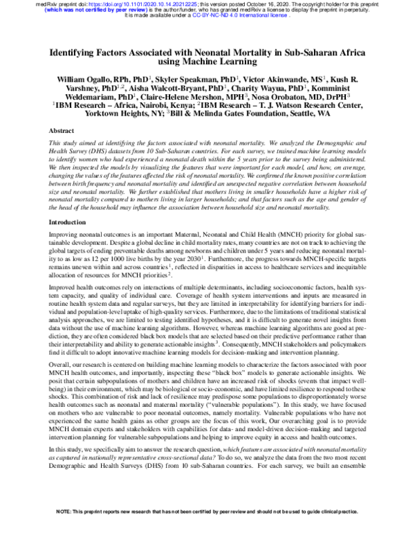 First page of “Identifying Factors Associated with Neonatal Mortality in Sub-Saharan Africa using Machine Learning”