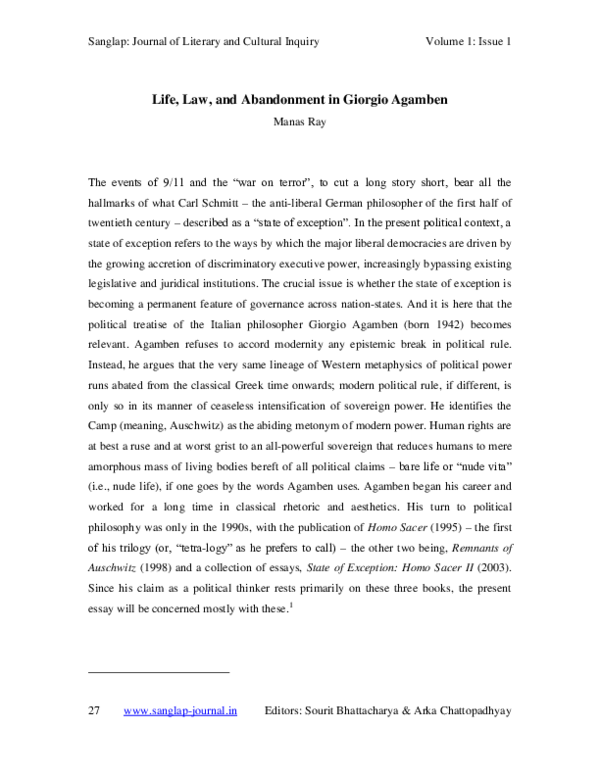 First page of “Life, Law, and Abandonment in Giorgio Agamben”