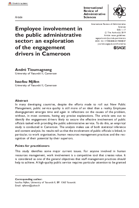 First page of “Employee involvement in the public administrative sector: an exploration of the engagement drivers in Cameroon”