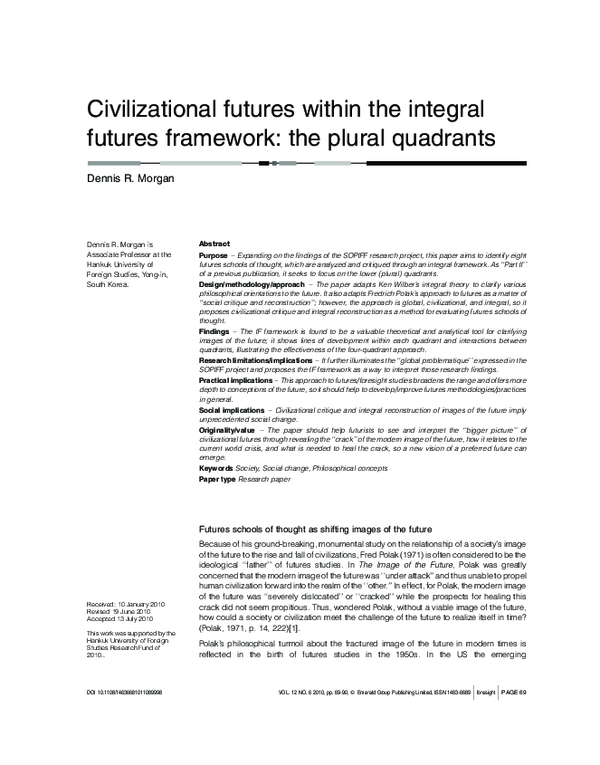 First page of “Civilizational futures within the integral futures framework: the plural quadrants”