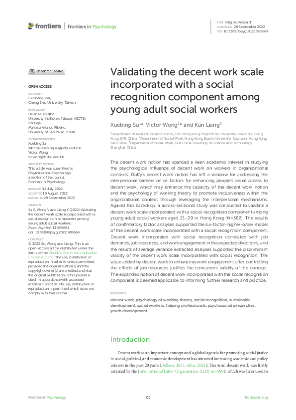 First page of “Validating the decent work scale incorporated with a social recognition component among young adult social workers”