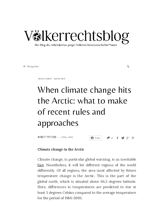 First page of “When climate change hits the Arctic: what to make of recent rules and approaches”