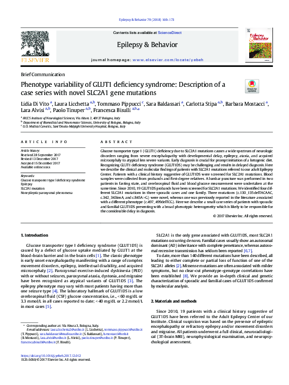 First page of “Phenotype variability of GLUT1 deficiency syndrome: Description of a case series with novel SLC2A1 gene mutations”