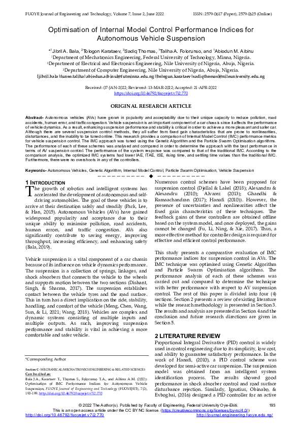 First page of “Optimisation of Internal Model Control Performance Indices for Autonomous Vehicle Suspension”