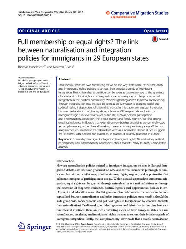 First page of “Full membership or equal rights? The link between naturalisation and integration policies for immigrants in 29 European states”