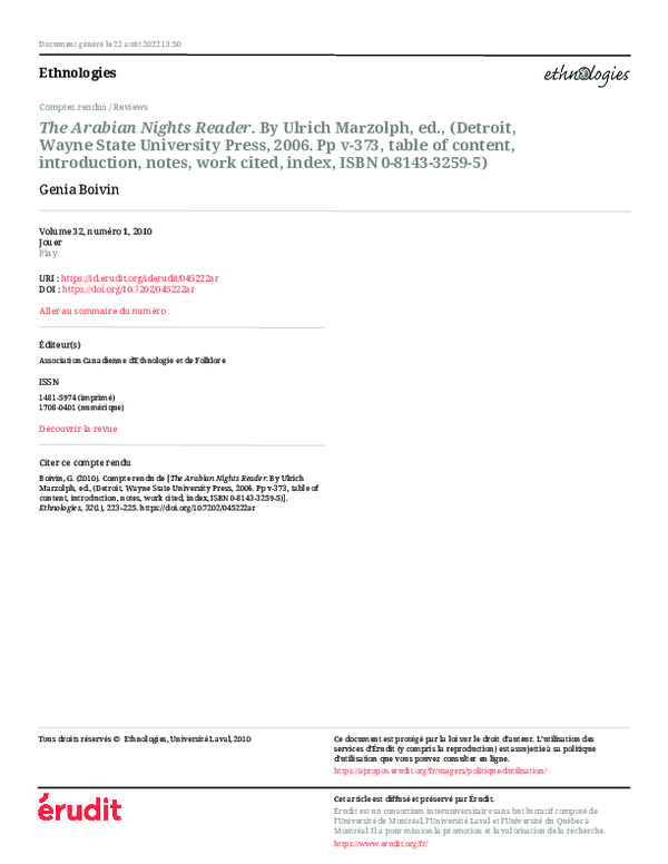 First page of “The Arabian Nights Reader. By Ulrich Marzolph, ed., (Detroit, Wayne State University Press, 2006. Pp v-373, table of content, introduction, notes, work cited, index, ISBN 0-8143-3259-5)”