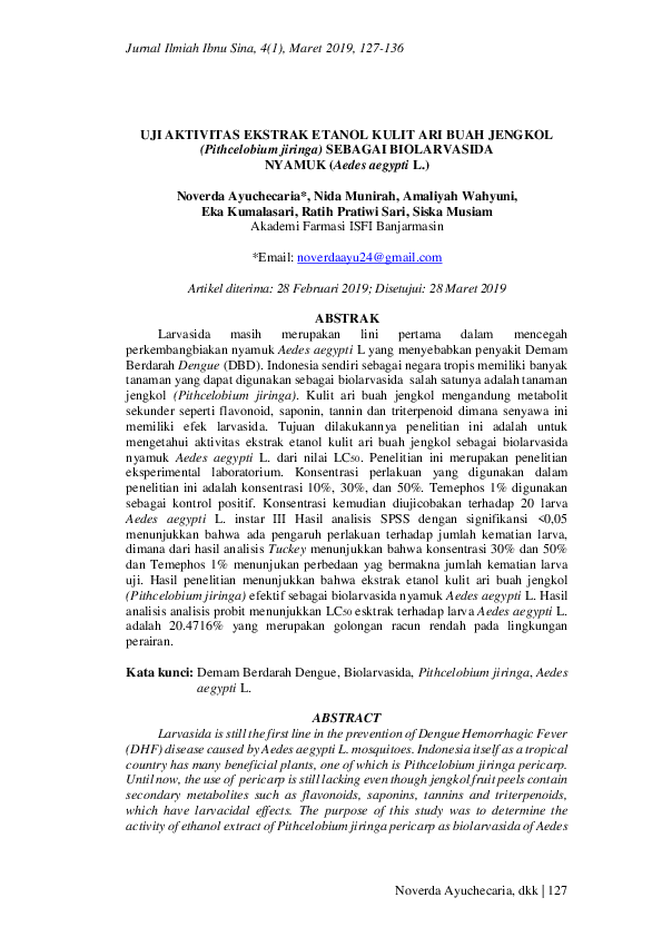 First page of “UJI AKTIVITAS EKSTRAK ETANOL KULIT ARI BUAH JENGKOL (Pithcelobium jiringa) SEBAGAI BIOLARVASIDA NYAMUK (Aedes aegypti L.)”