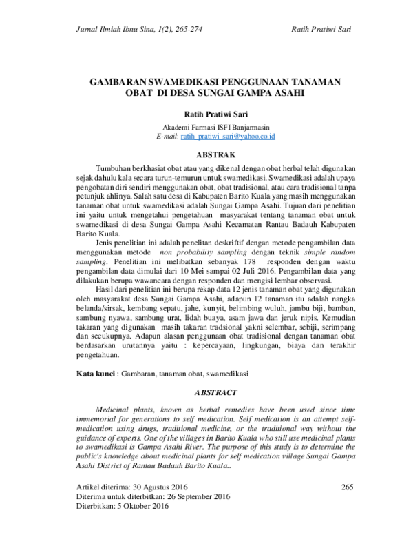 First page of “Gambaran Swamedikasi Penggunaan Tanaman Obat DI Desa Sungai Gampa Asahi”