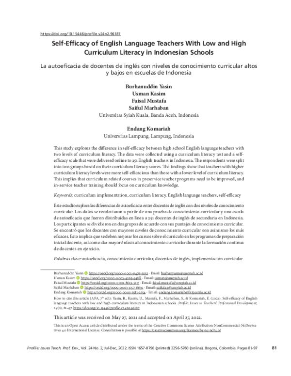 First page of “Self-Efficacy of English Language Teachers With Low and High Curriculum Literacy in Indonesian Schools”