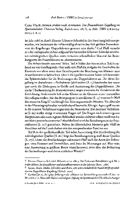 First page of “Carl Pfaff, Nonnen streben nach Autonomie. Das Frauenkloster Engelberg im Spätmittelalter. Chronos Verlag, Zürich 2011, 287 S., 25 Abb. ISBN 978-30-34-01054-2. €43”