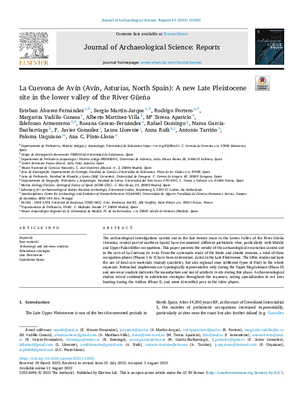 First page of “La Cuevona de Avín (Avín, Asturias, North Spain): A new Late Pleistocene site in the lower valley of the River Güeña”