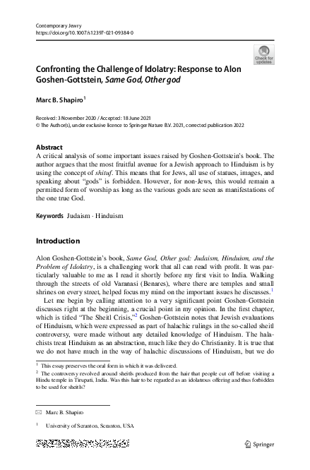 First page of “"Confronting the Challenge of Idolatry: Response to Alon Goshen-Gottstein, Same God, Other god", Contemporary Jewry 41 (2021), pp. 631-637”