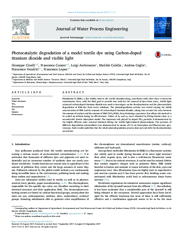 First page of “Photocatalytic degradation of model textile dyes in wastewater using ZnO as semiconductor catalyst”