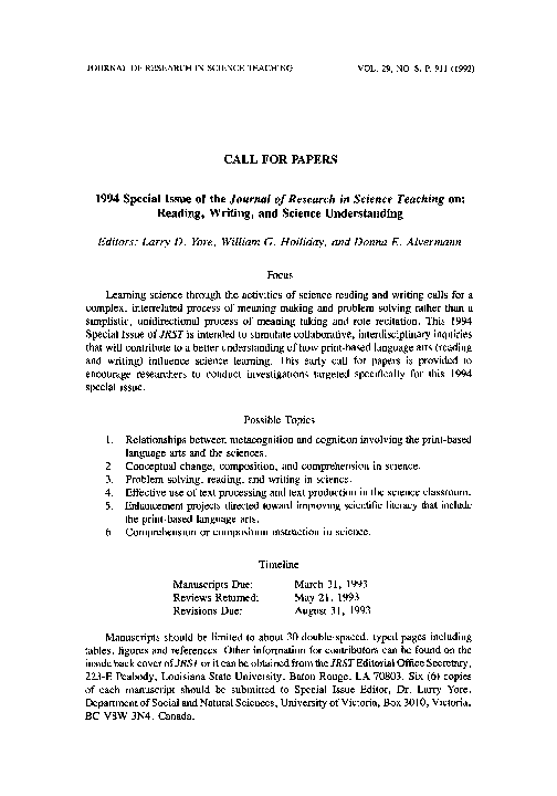 First page of “Call for papers. 1994 special issue of the journal of research in science teaching on: reading, writing, and science understanding”