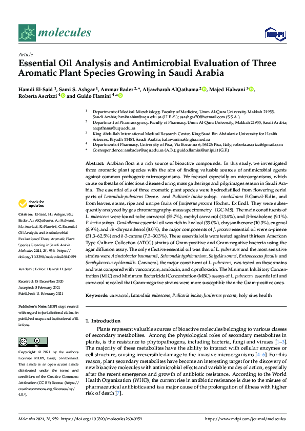 First page of “Essential Oil Analysis and Antimicrobial Evaluation of Three Aromatic Plant Species Growing in Saudi Arabia”