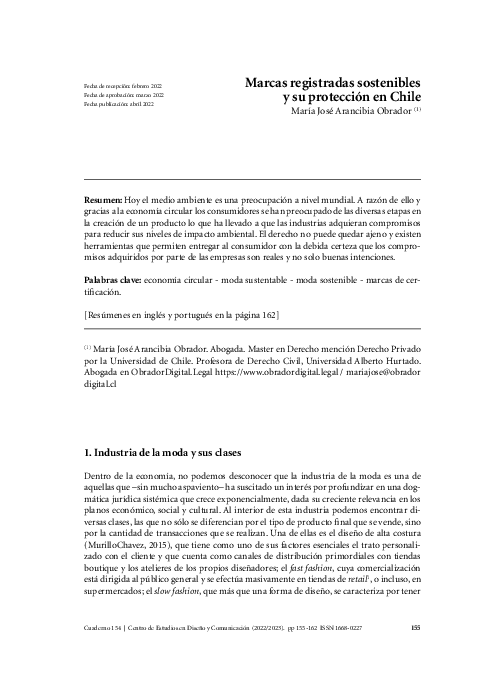 First page of “Marcas registradas sostenibles y su protección en Chile”