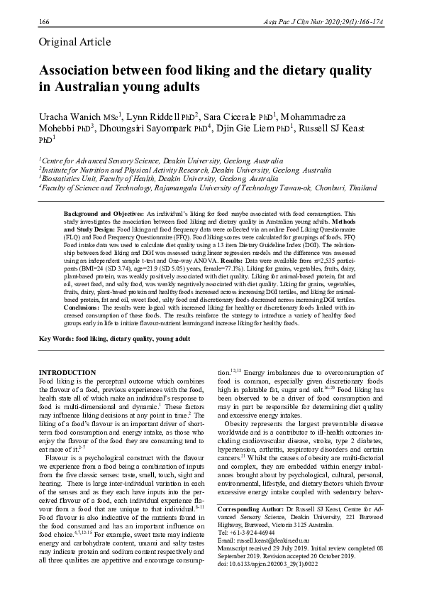 First page of “Association between food liking and the dietary quality in Australian young adults”