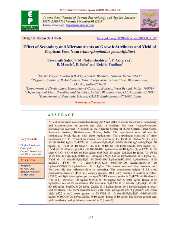 First page of “Effect of Secondary and Micronutrients on Growth Attributes and Yield of Elephant Foot Yam (Amorphophallus paeoniifolius)”