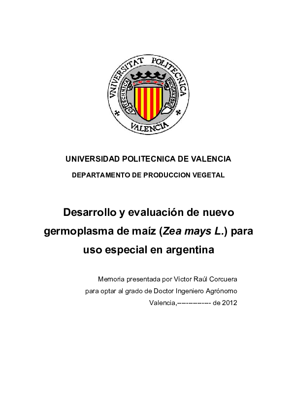 First page of “Desarrollo y evaluación de nuevo germoplasma de maíz (Zea mays L.) para uso especial en Argentina”