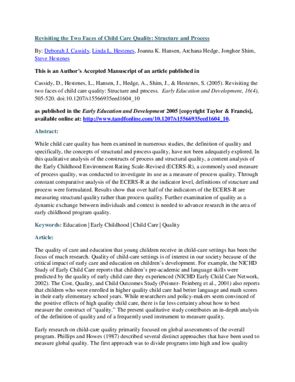 First page of “Revisiting the Two Faces of Child Care Quality: Structure and Process”