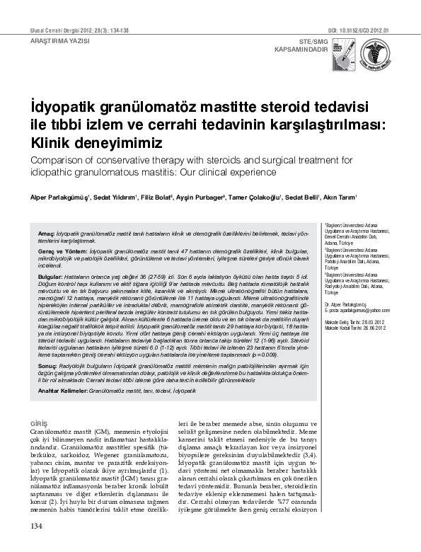 First page of “Comparison of conservative therapy with steroids and surgical treatment for idiopathic granulomatous mastitis: Our clinical experience”