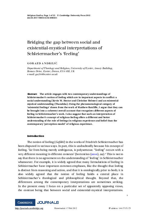 First page of “Bridging the Gap Between Social and Existential-Mystical Interpretations of Schleiermacher's ‘Feeling’”