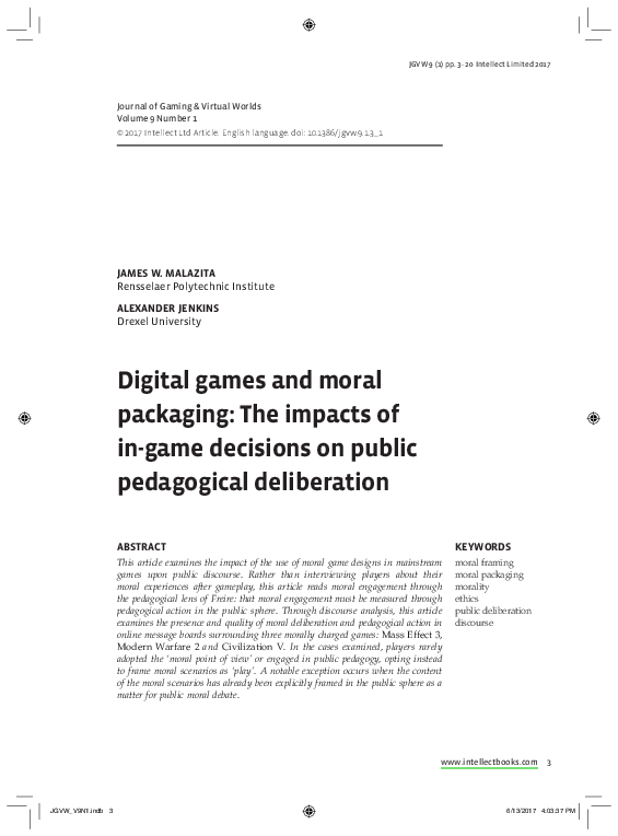 First page of “Digital games and moral packaging: The impacts of in-game decisions on public pedagogical deliberation”