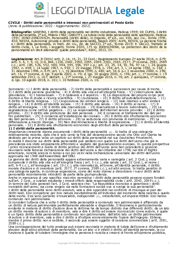 First page of “Diritti della personalità e interessi non patrimoniali”