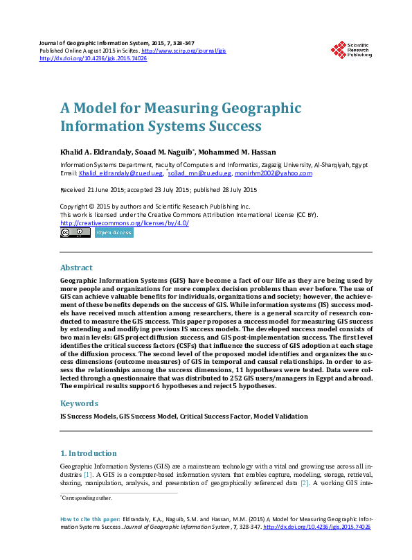 First page of “A Model for Measuring Geographic Information Systems Success”