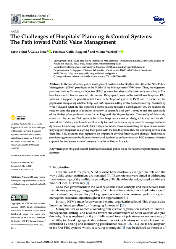 First page of “The Challenges of Hospitals’ Planning & Control Systems: The Path toward Public Value Management”