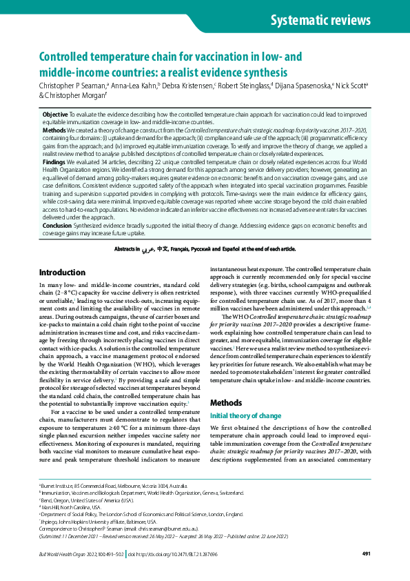 First page of “Controlled temperature chain for vaccination in low- and middle-income countries: a realist evidence synthesis”