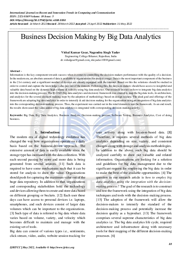 First page of “Business Decision Making by Big Data Analytics”