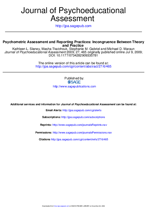 First page of “Psychometric Assessment and Reporting Practices: Incongruence Between Theory and Practice ”