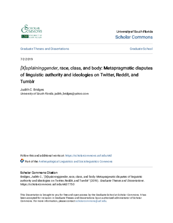 First page of “[X]splaininggender , race, class, and body: Metapragmatic disputes of linguistic authority and ideologies on Twitter, Reddit, and Tumblr”