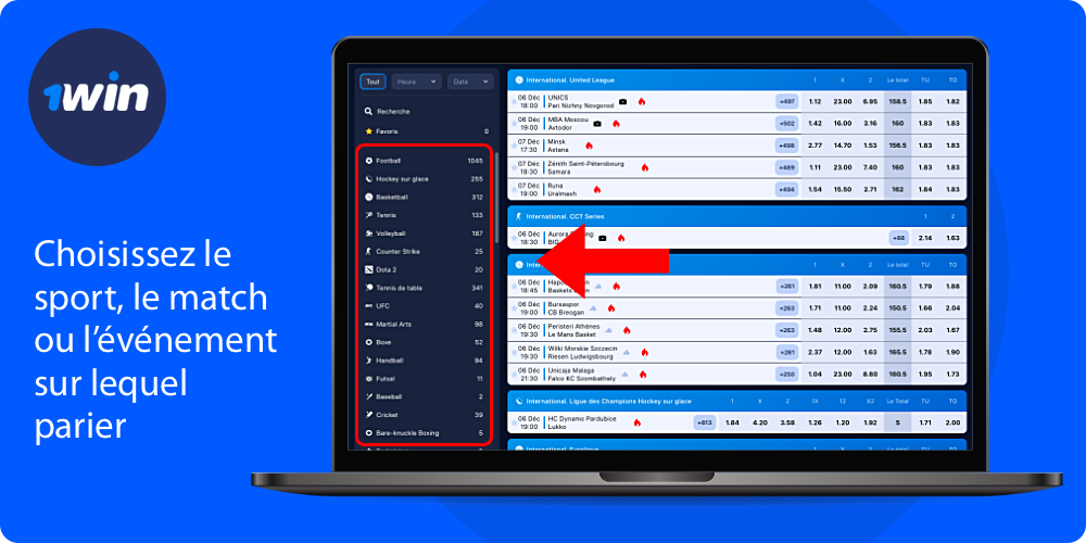 Sélectionnez la discipline sportive et le match sur lequel vous souhaitez parier sur 1win
