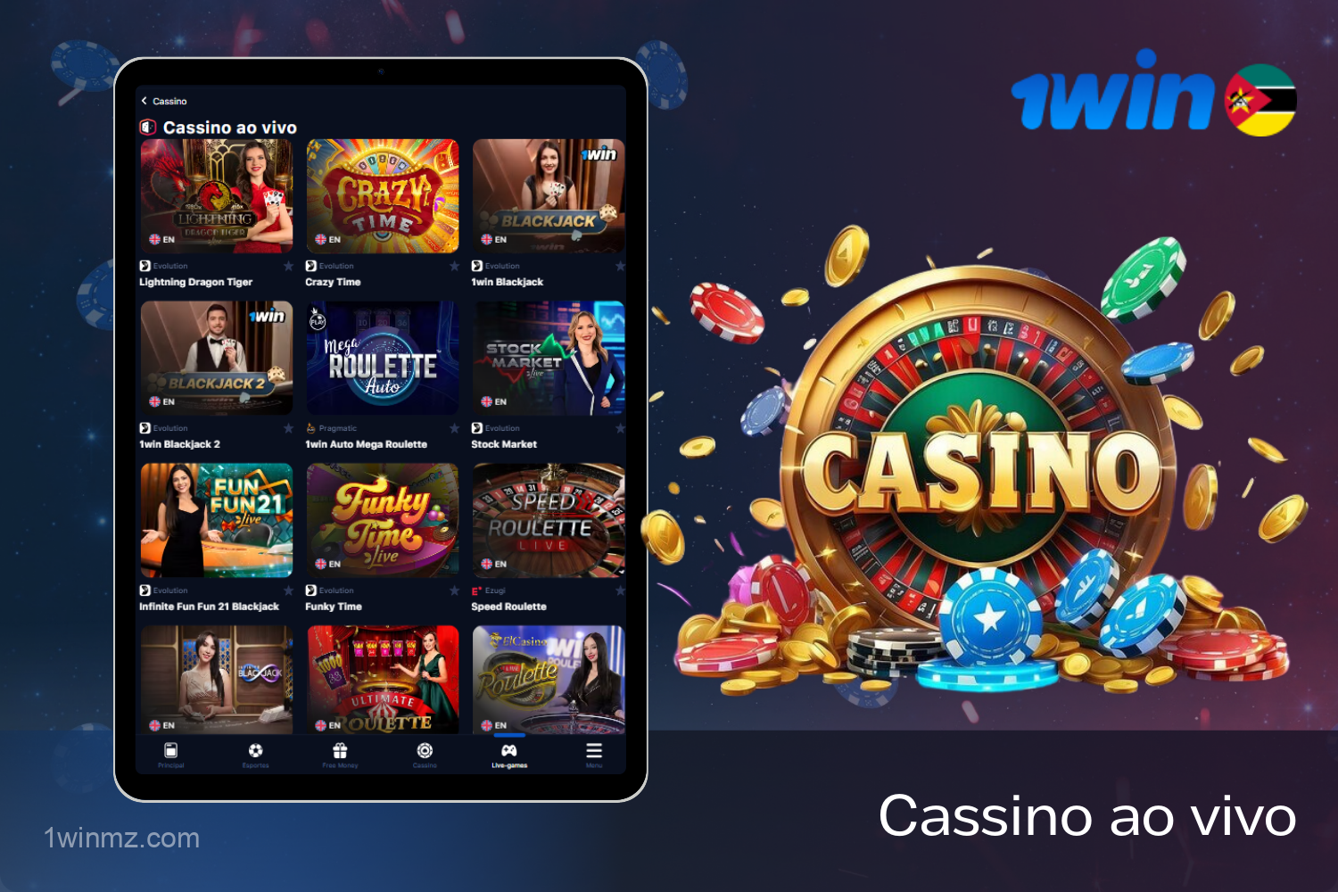 Casino ao vivo 1win com bacará, roleta, blackjack e espectáculos de jogos com dealers profissionais em estúdios iluminados para jogadores de Moçambique