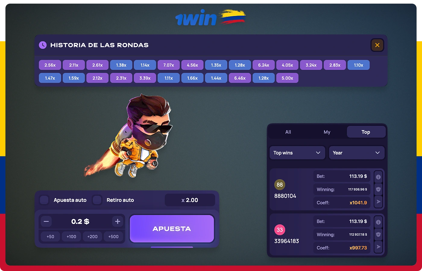 Los sencillos elementos de la interfaz de Lucky Jet en 1win te permiten interactuar con el juego