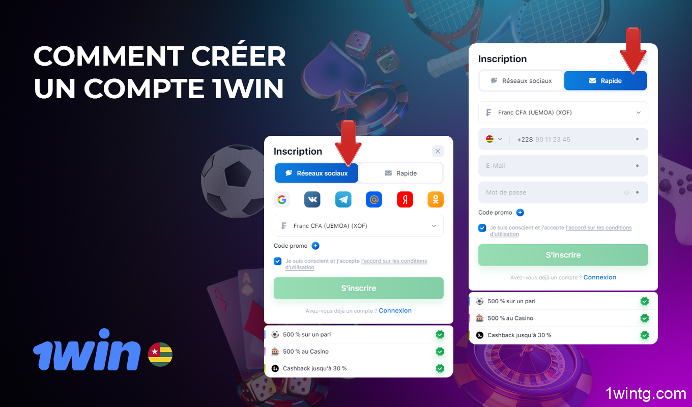 1win a plusieurs façons de créer un compte pour ses joueurs potentiels du Togo