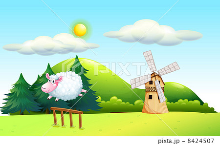 A sheep jumping at the fence with a windmill at the back 8424507