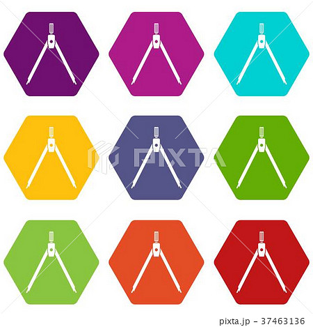 Drawing compass icon set color hexahedron 37463136