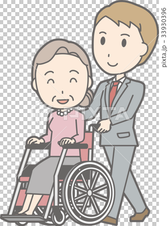 Illustration in which a businessman in a suit is walking pushing a wheelchair 33930396